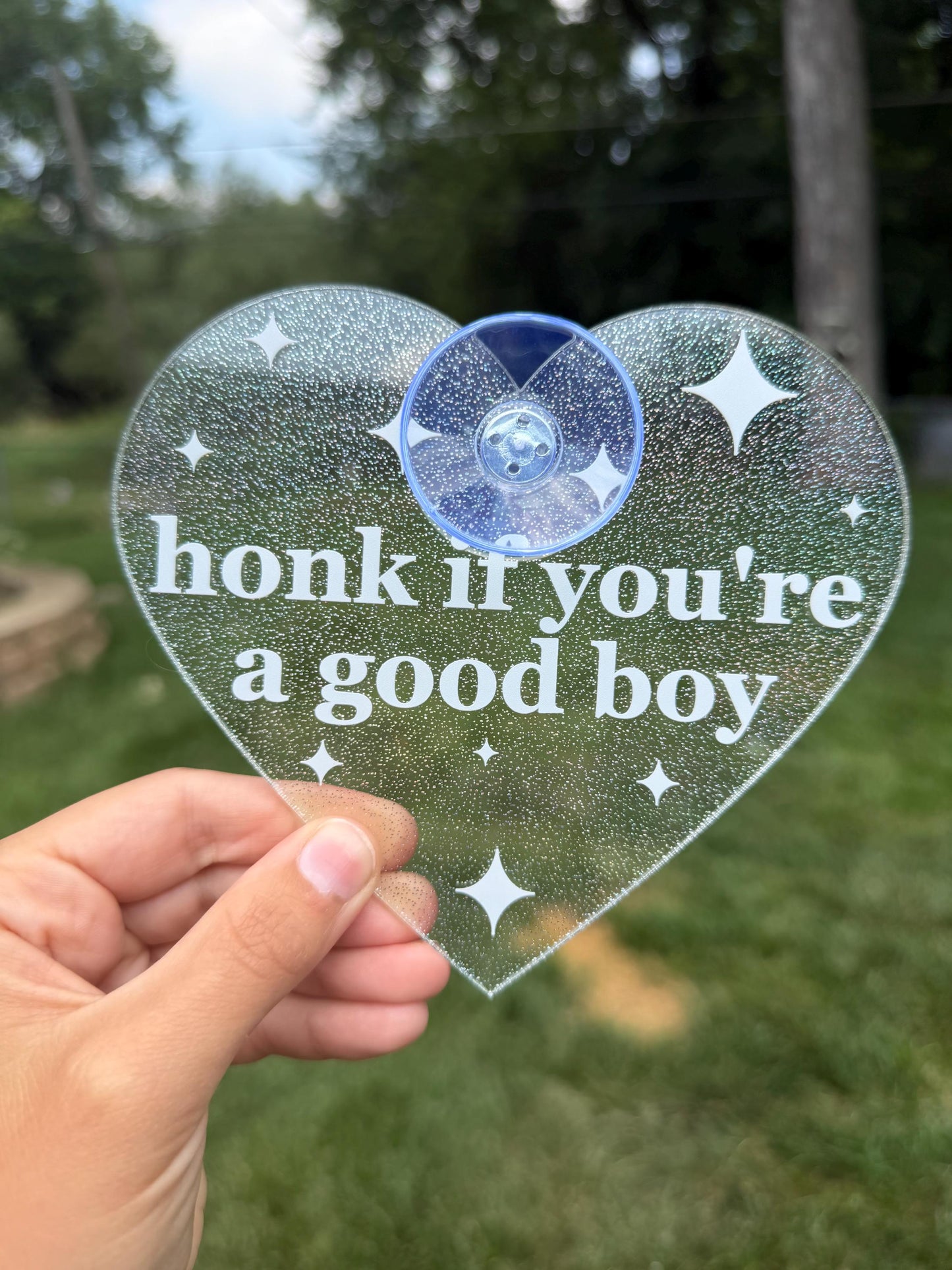 Acrylic Car Sign: Honk If You're A Good Boy – Heart Shape Holo Glitter Clear/White