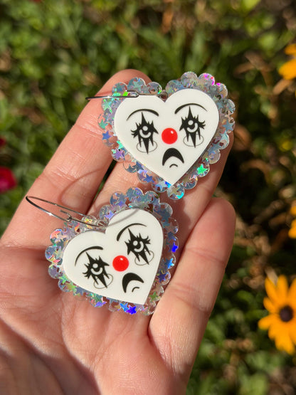 Scalloped Acrylic Clown Face Heart Hoop Earrings: Silver Stars