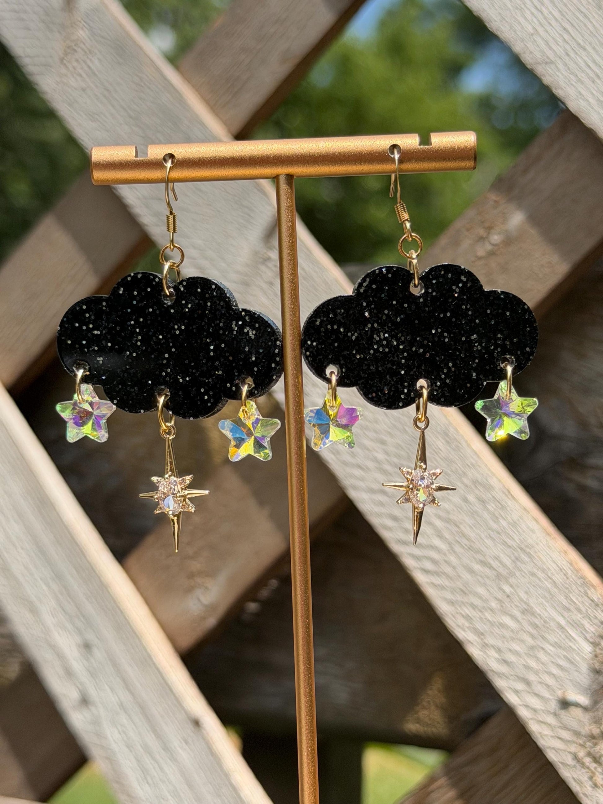 Cloudy Day Acrylic Earrings - Black Sparkle Stars (MINI SIZE)