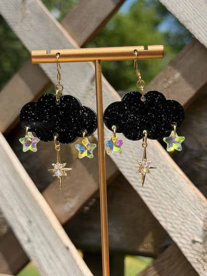 Cloudy Day Acrylic Earrings - Black Sparkle Stars (MINI SIZE)