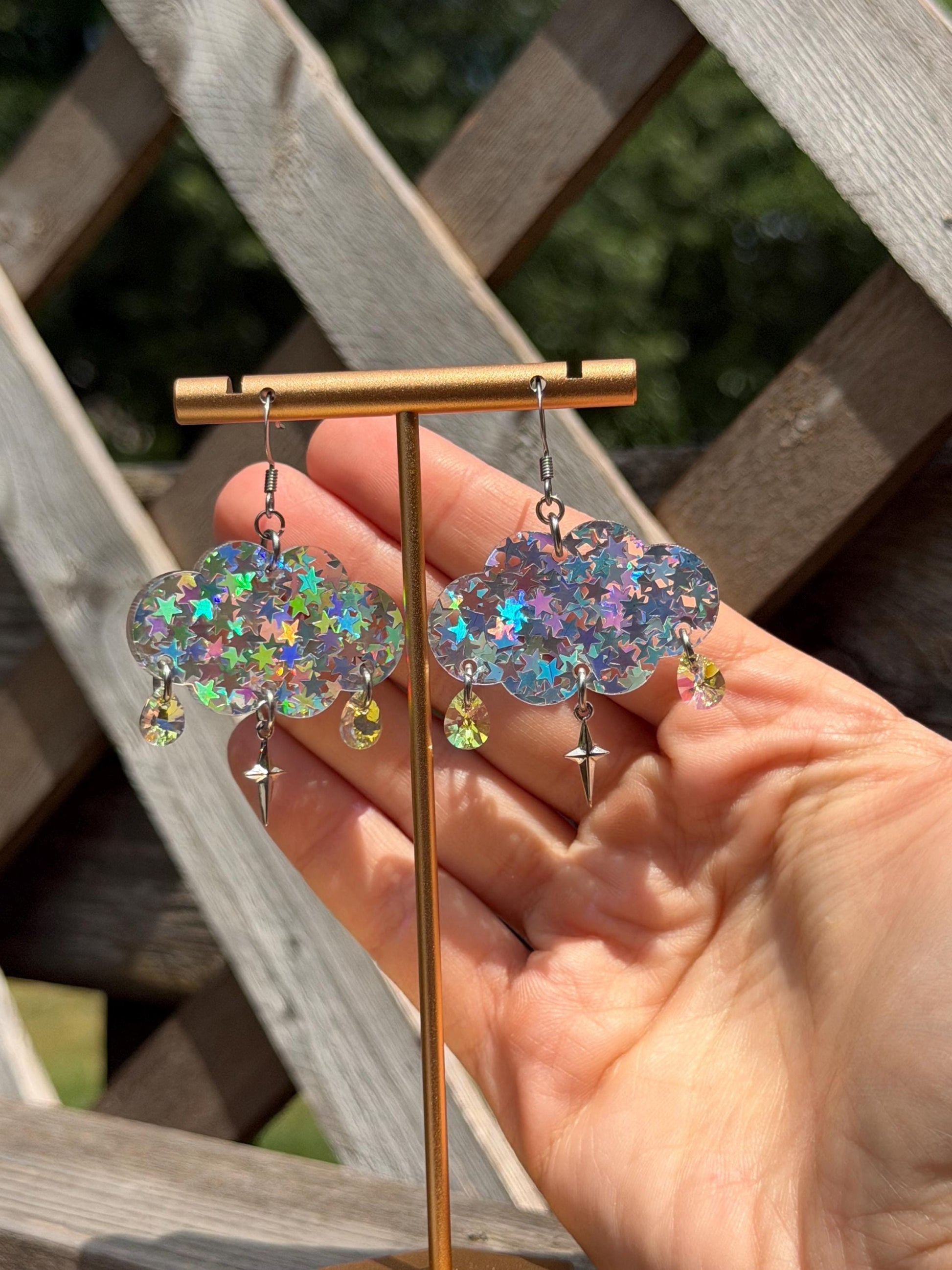 Cloudy Day Acrylic Earrings - Silver Holo (MINI SIZE)