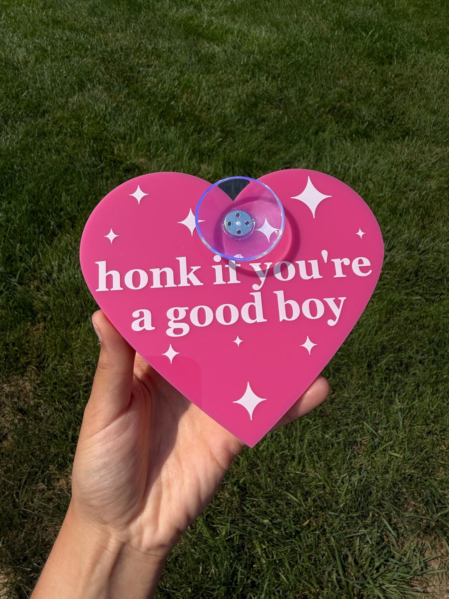Acrylic Car Sign: Honk If You're A Good Boy – Heart Shape Hot Pink