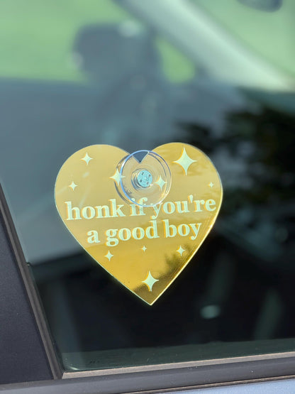 Acrylic Car Sign: Honk If You're A Good Boy – Heart Shape Iridescent/White