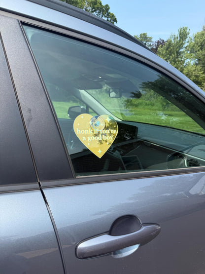 Acrylic Car Sign: Honk If You're A Good Boy – Heart Shape Iridescent/White