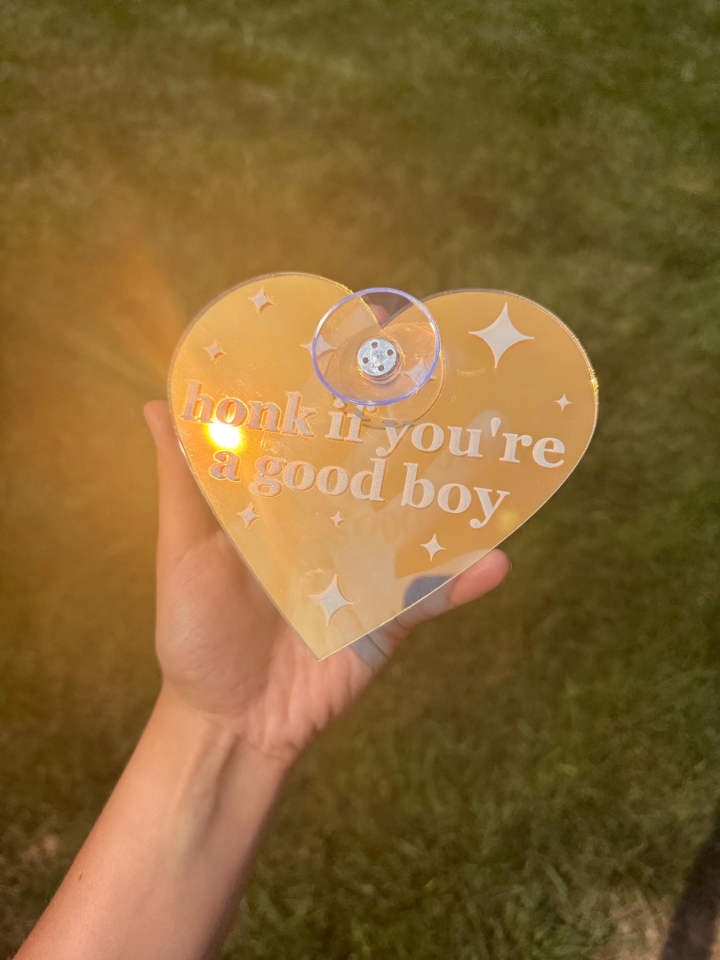 Acrylic Car Sign: Honk If You're A Good Boy – Heart Shape Iridescent/White