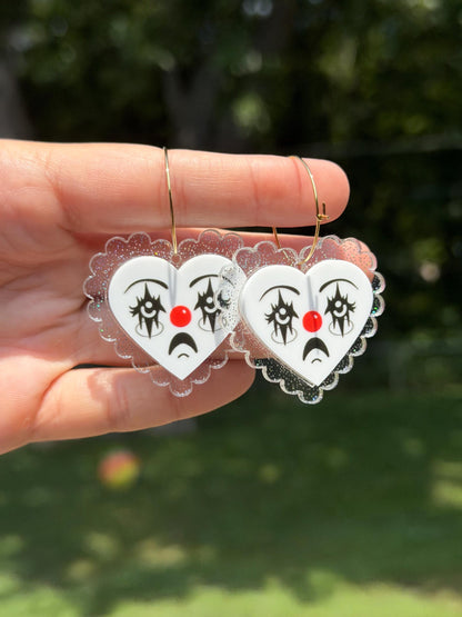 Scalloped Acrylic Clown Face Heart Hoop Earrings: Clear Holo Glitter