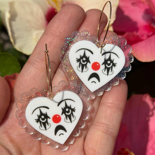 Scalloped Acrylic Clown Face Heart Hoop Earrings: Clear Holo Glitter
