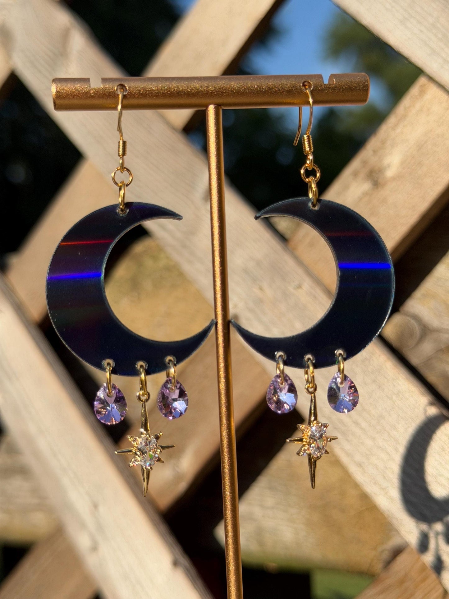 Celestial Gemstone Dangly Moon Acrylic Earrings - Black Holographic
