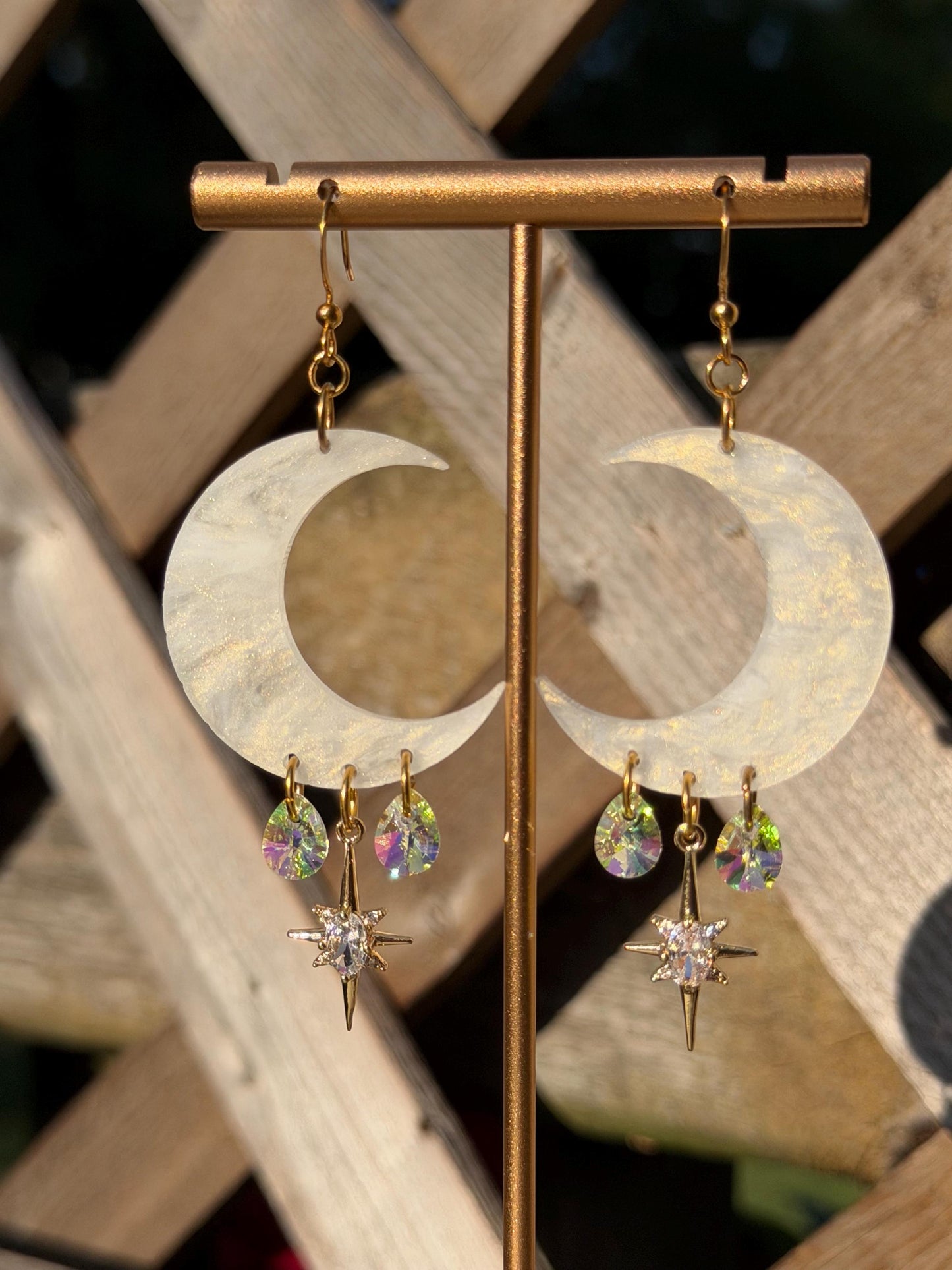 Celestial Gemstone Dangly Moon Acrylic Earrings
