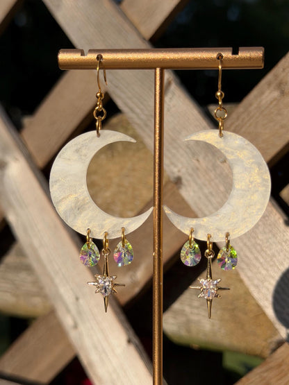 Celestial Gemstone Dangly Moon Acrylic Earrings