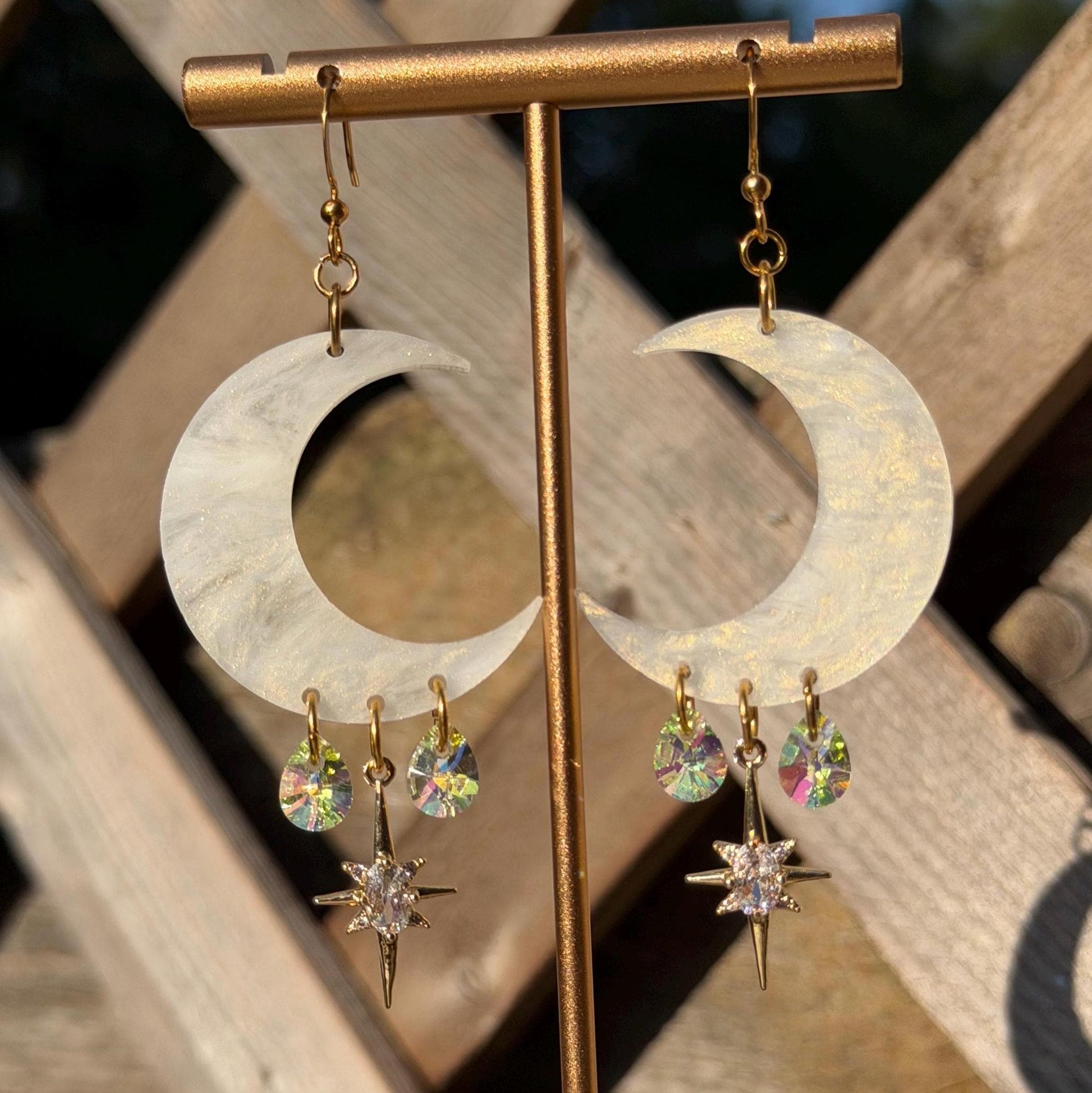 Celestial Gemstone Dangly Moon Acrylic Earrings