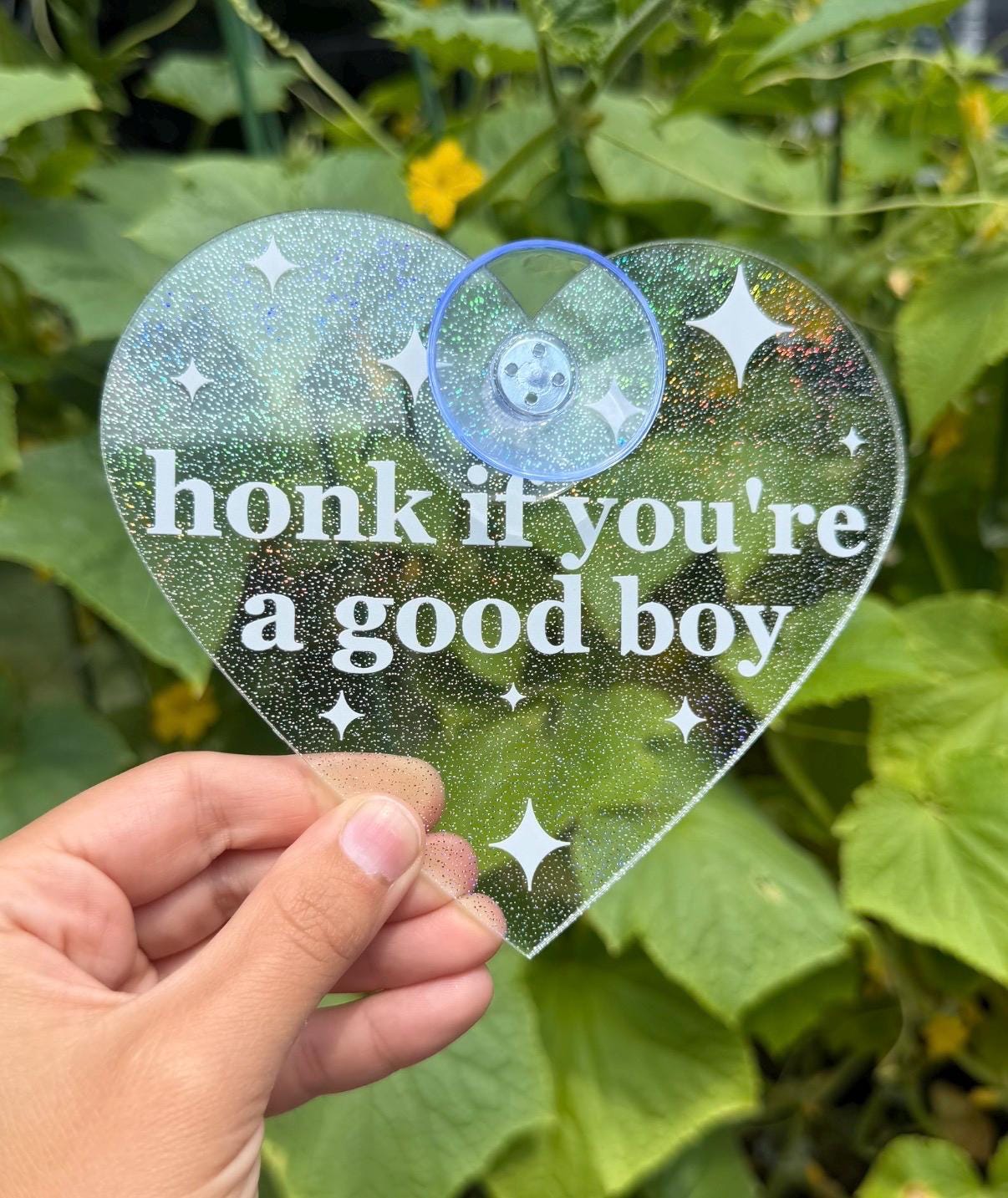 Acrylic Car Sign: Honk If You're A Good Boy – Heart Shape Holo Glitter Clear/White