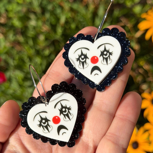 Scalloped Acrylic Clown Face Heart Hoop Earrings: Black Glitter