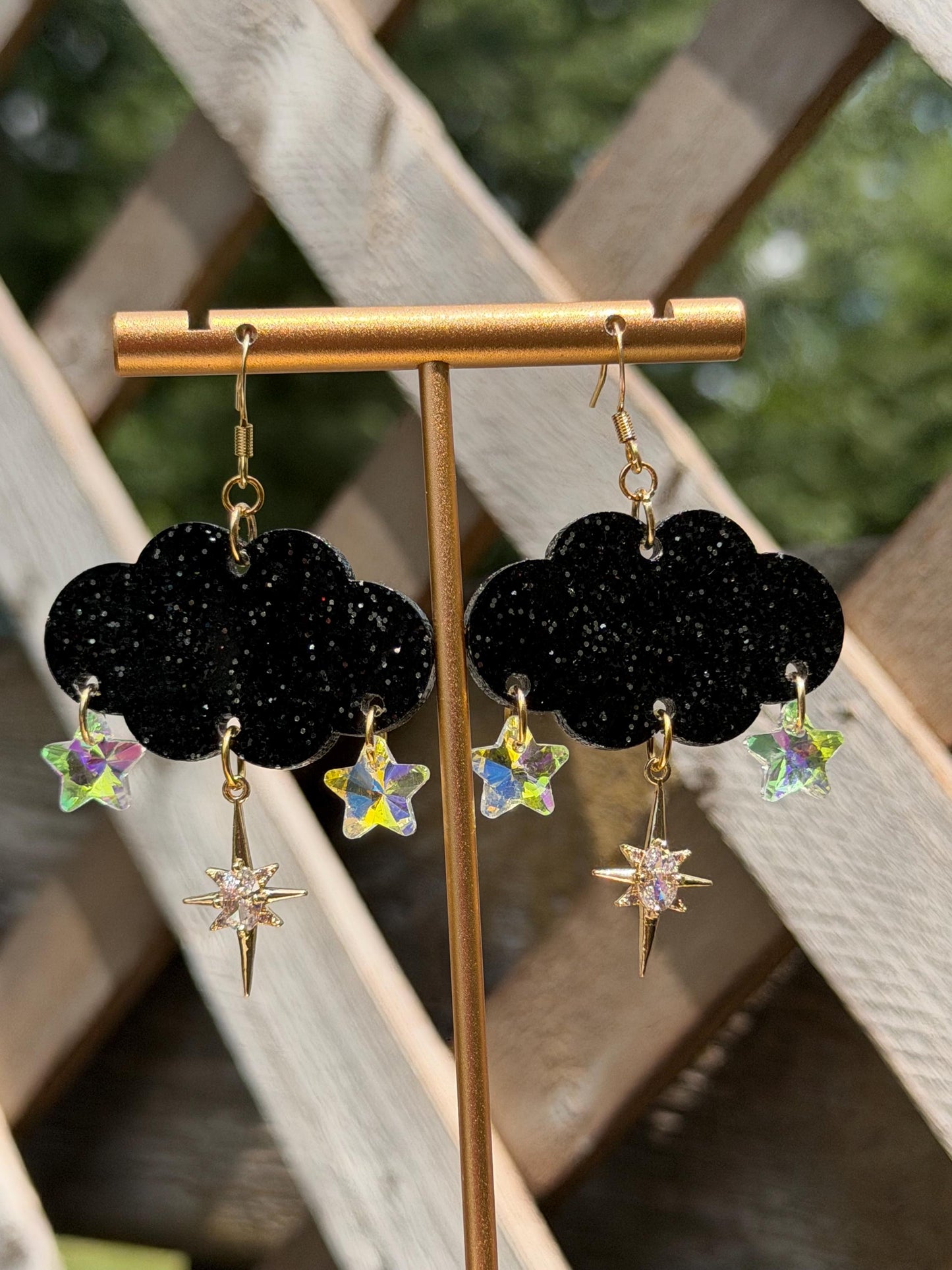 Cloudy Day Acrylic Earrings - Black Sparkle Stars (MINI SIZE)