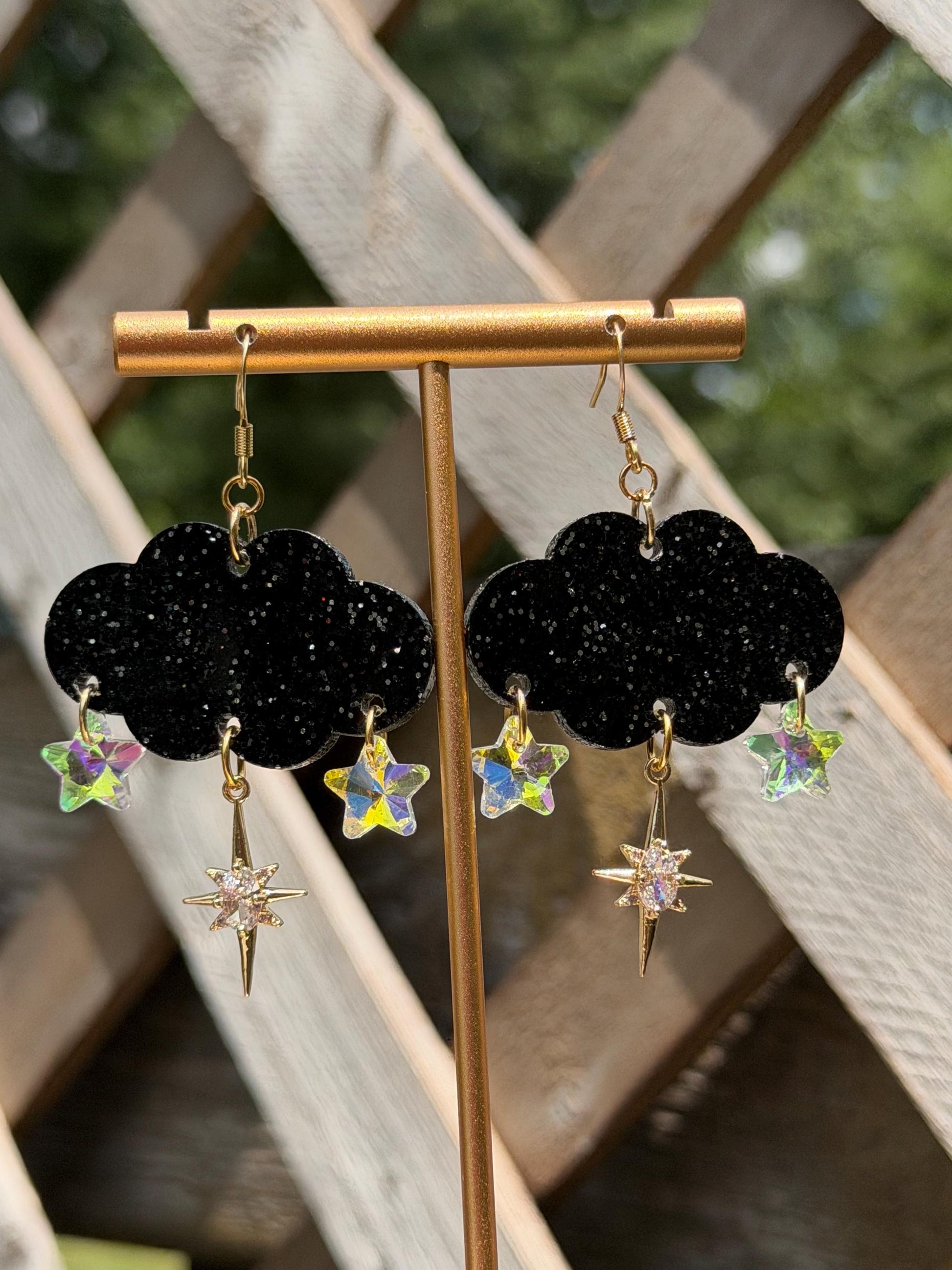 Cloudy Day Acrylic Earrings - Black Sparkle Stars (MINI SIZE)