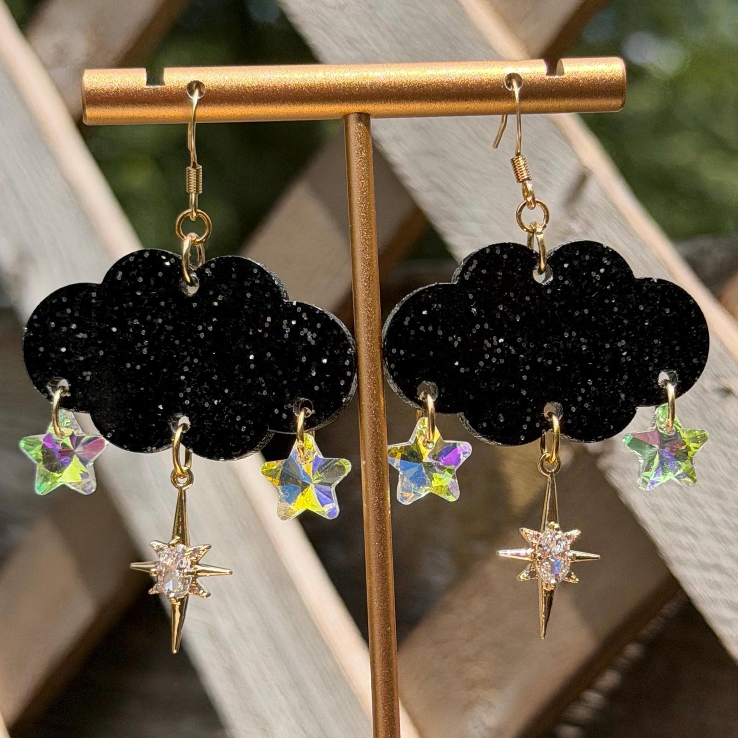 Cloudy Day Acrylic Earrings - Black Sparkle Stars (MINI SIZE)