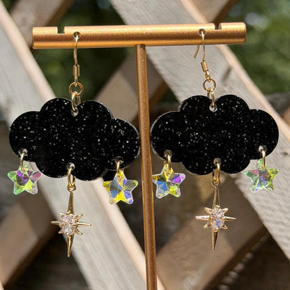 Cloudy Day Acrylic Earrings - Black Sparkle Stars (MINI SIZE)