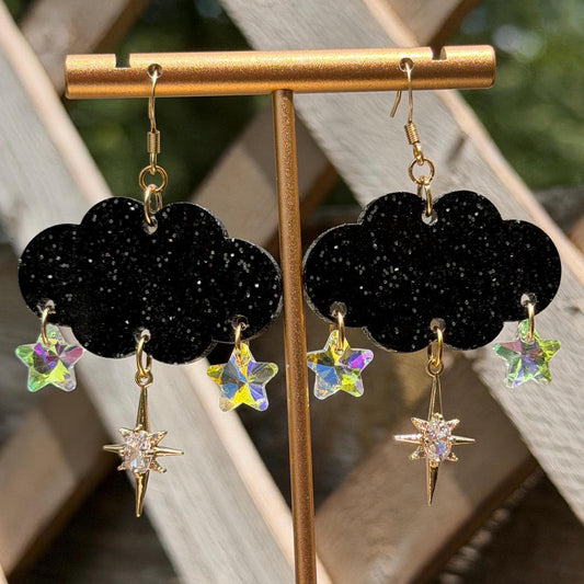 Cloudy Day Acrylic Earrings - Black Sparkle Stars (MINI SIZE)