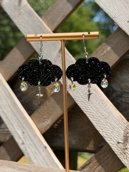 Cloudy Day Acrylic Earrings - Black Sparkle Drops (MINI SIZE)