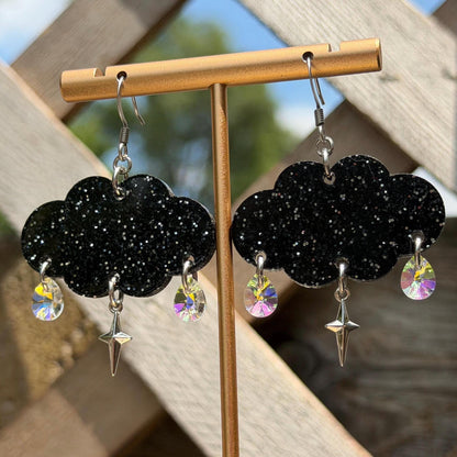 Cloudy Day Acrylic Earrings - Black Sparkle Drops (MINI SIZE)