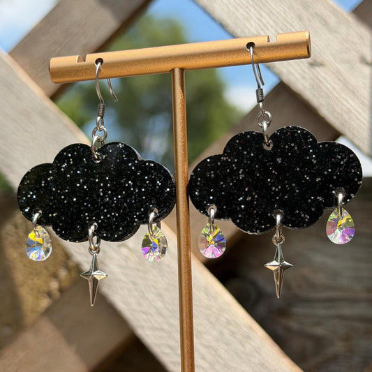 Cloudy Day Acrylic Earrings - Black Sparkle Drops (MINI SIZE)