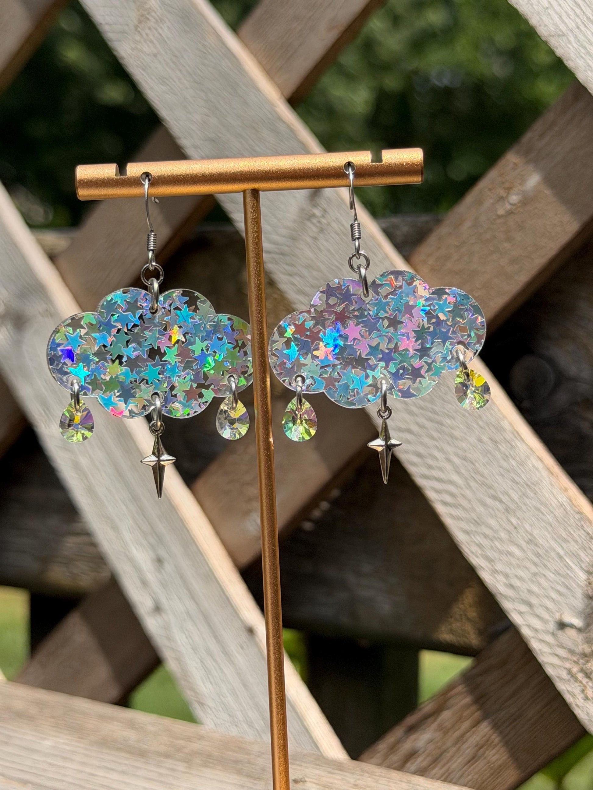 Cloudy Day Acrylic Earrings - Silver Holo (MINI SIZE)