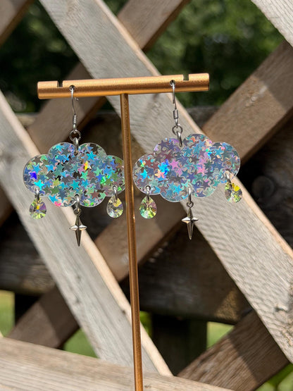 Cloudy Day Acrylic Earrings - Silver Holo (MINI SIZE)