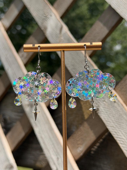 Cloudy Day Acrylic Earrings - Silver Holo (MINI SIZE)