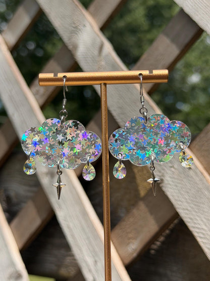 Cloudy Day Acrylic Earrings - Silver Holo (MINI SIZE)