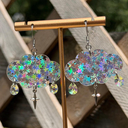 Cloudy Day Acrylic Earrings - Silver Holo (MINI SIZE)
