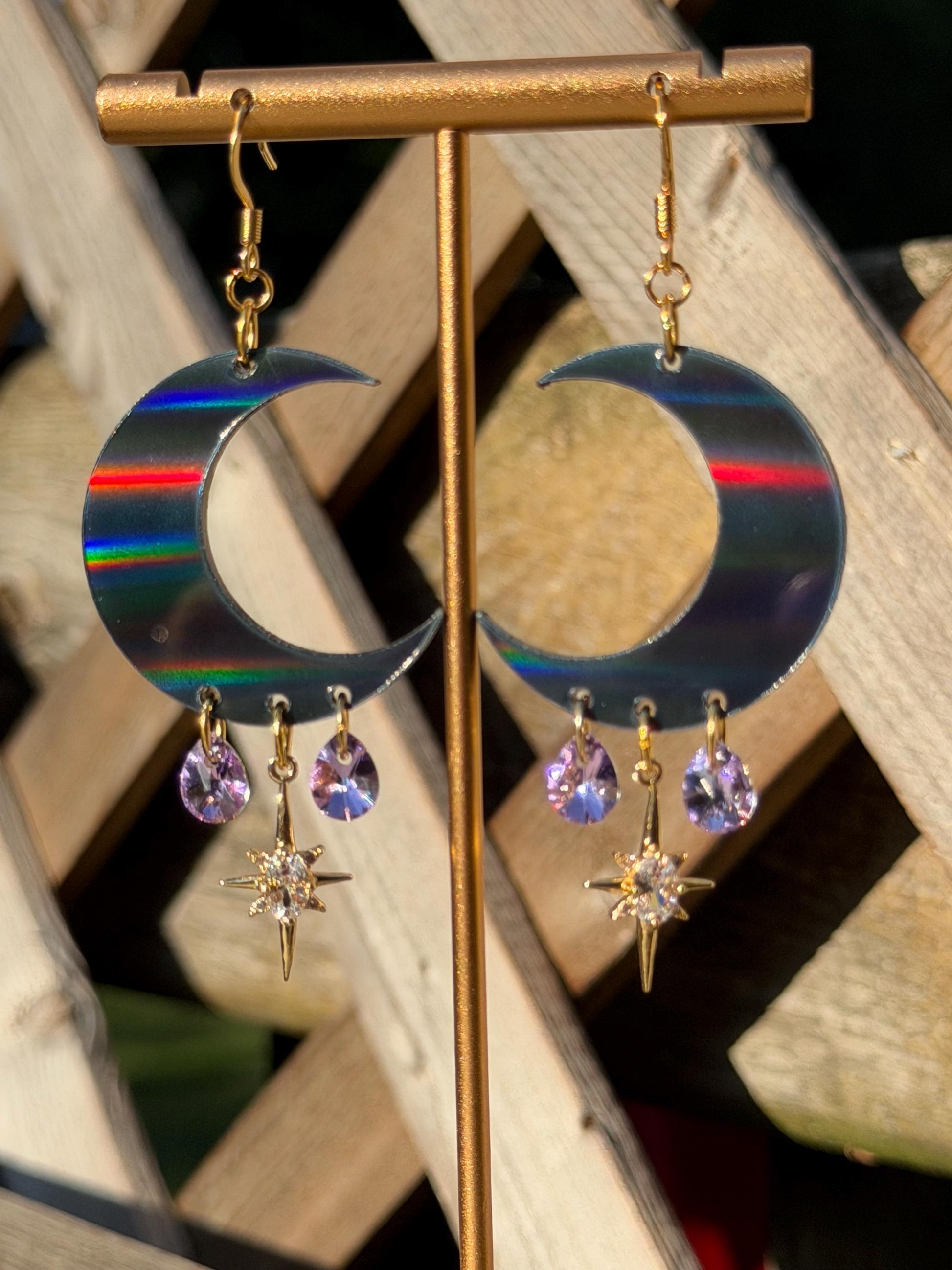 Celestial Gemstone Dangly Moon Acrylic Earrings - Black Holographic