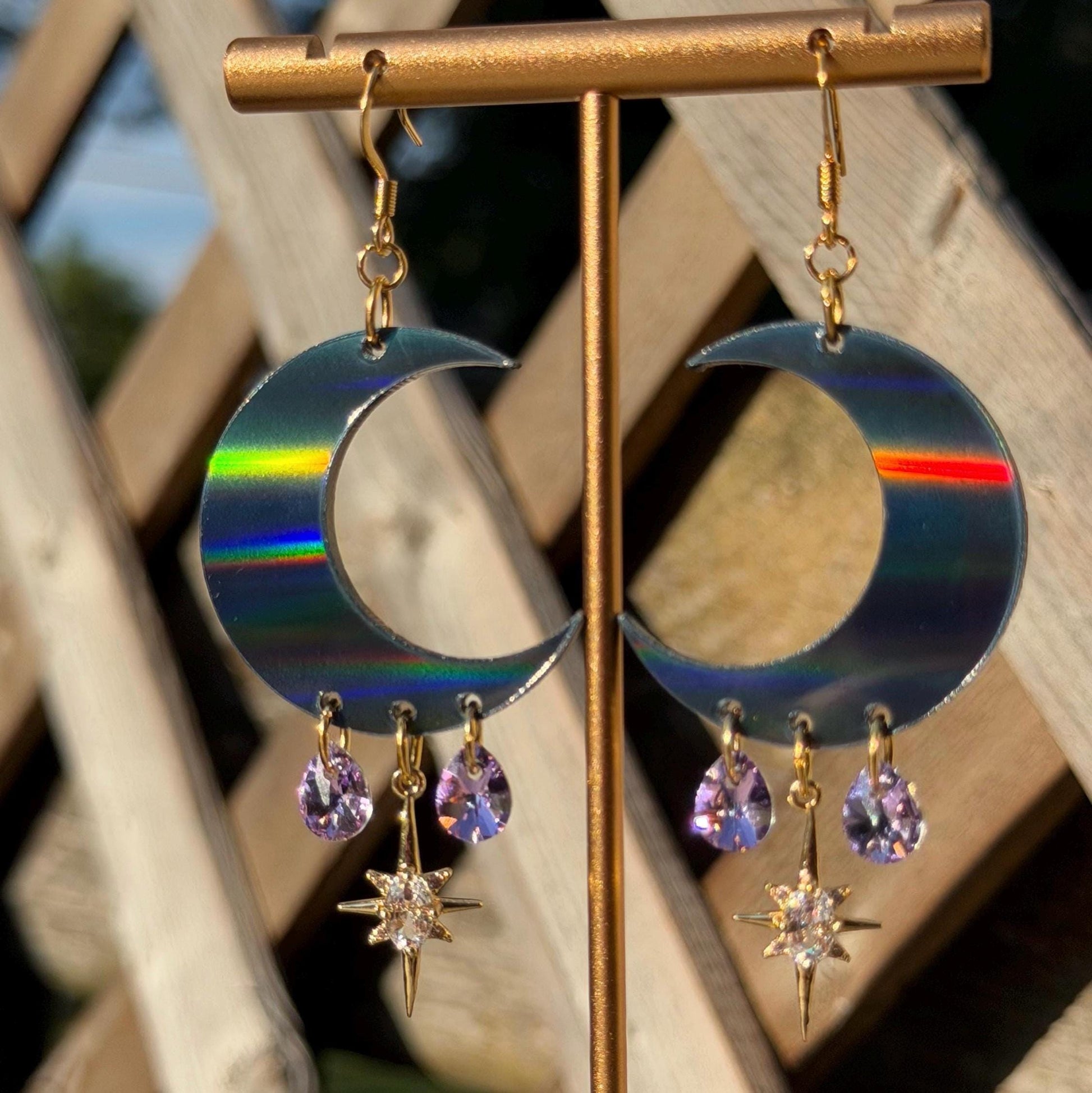 Celestial Gemstone Dangly Moon Acrylic Earrings - Black Holographic