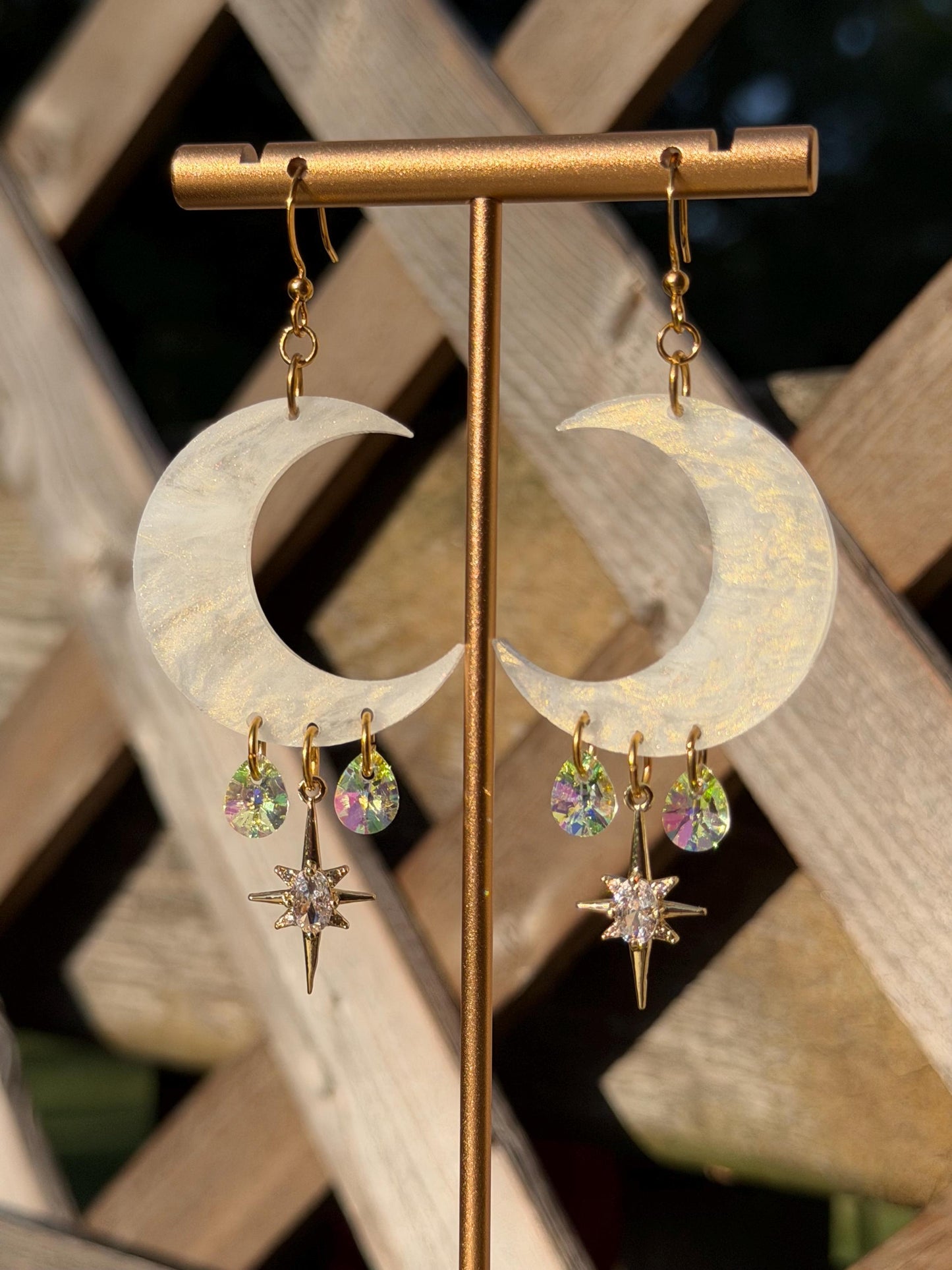 Celestial Gemstone Dangly Moon Acrylic Earrings
