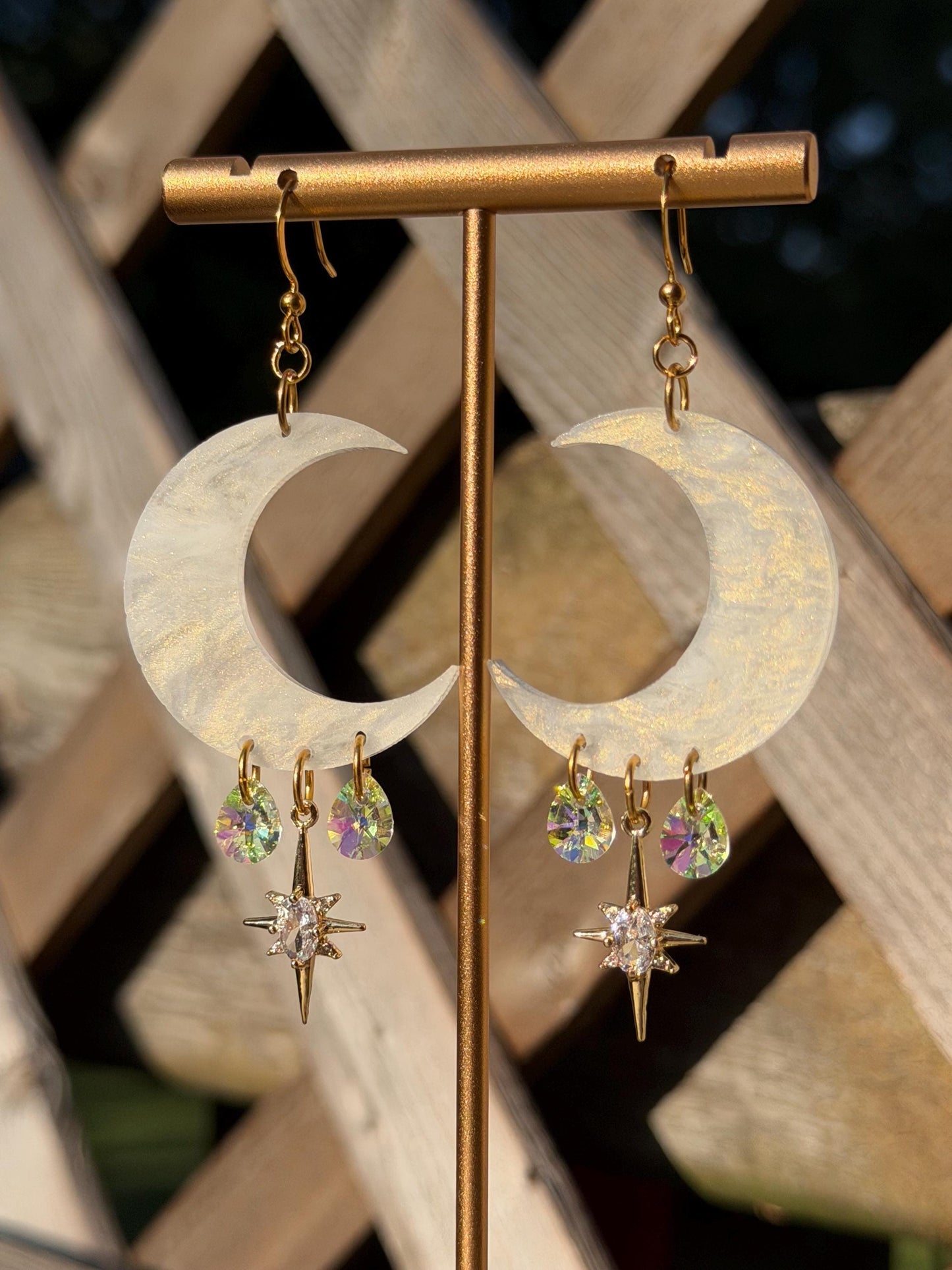 Celestial Gemstone Dangly Moon Acrylic Earrings
