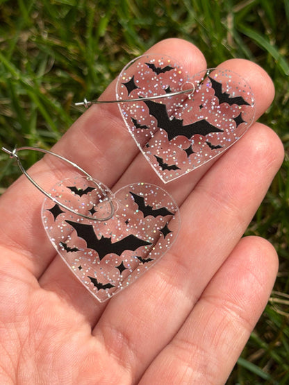 Sparkly Bat Halloween Heart Hoop Earrings