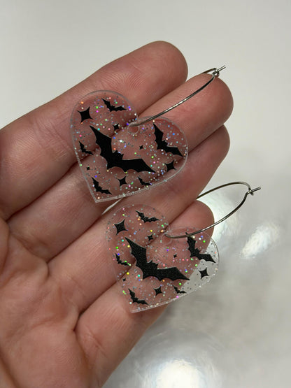 Sparkly Bat Halloween Heart Hoop Earrings