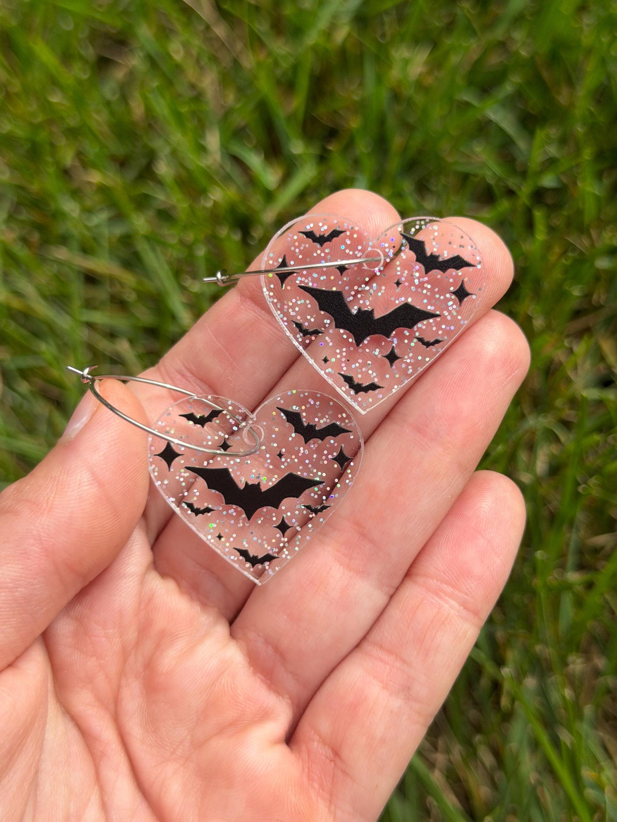 Sparkly Bat Halloween Heart Hoop Earrings