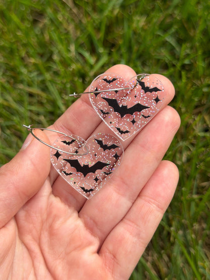 Sparkly Bat Halloween Heart Hoop Earrings