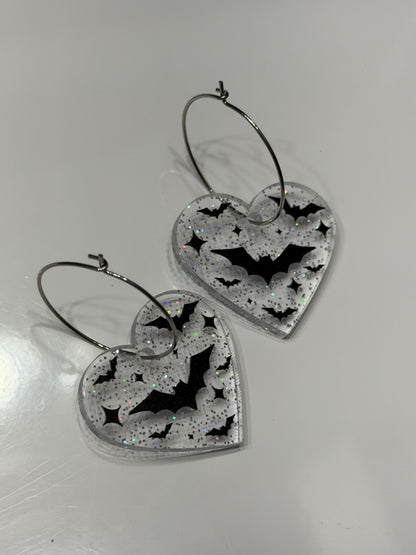 Sparkly Bat Halloween Heart Hoop Earrings