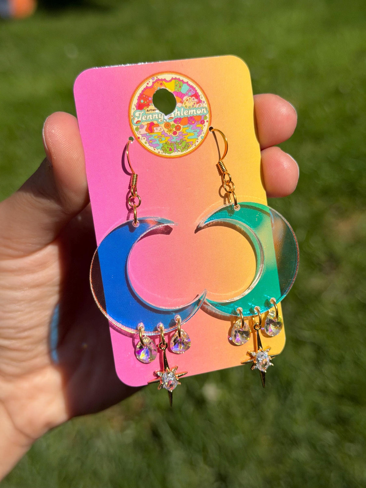 Celestial Gemstone Dangly Moon Acrylic Earrings