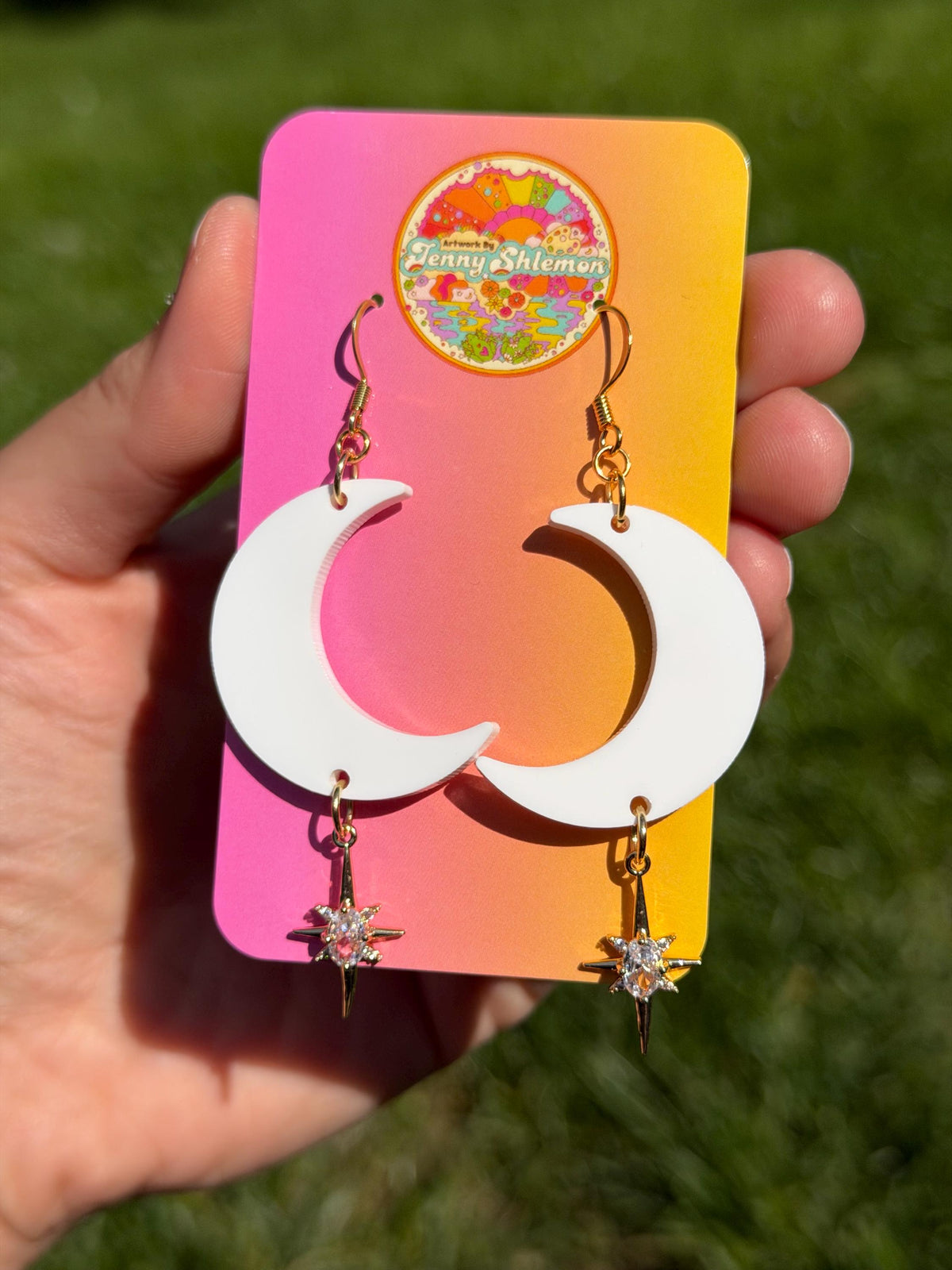Gemstone Dangly Moon Acrylic Earrings