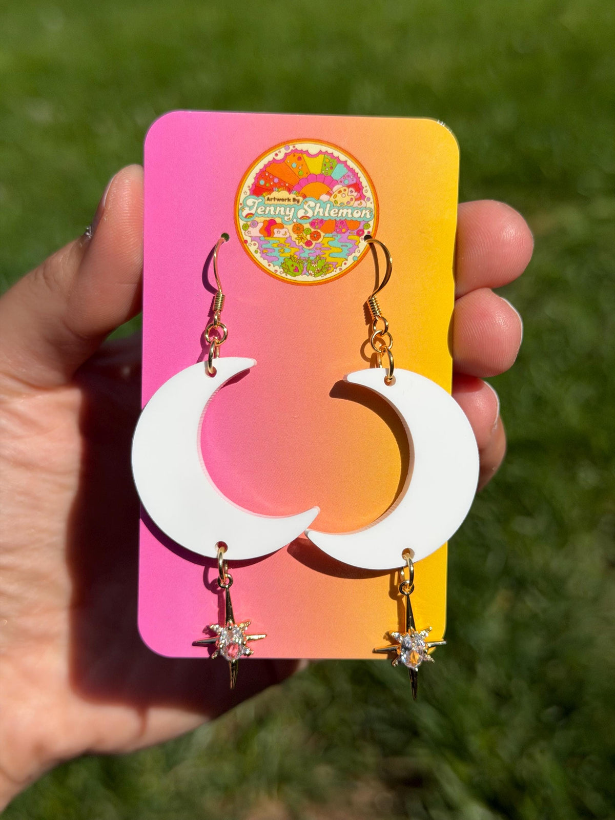 Gemstone Dangly Moon Acrylic Earrings