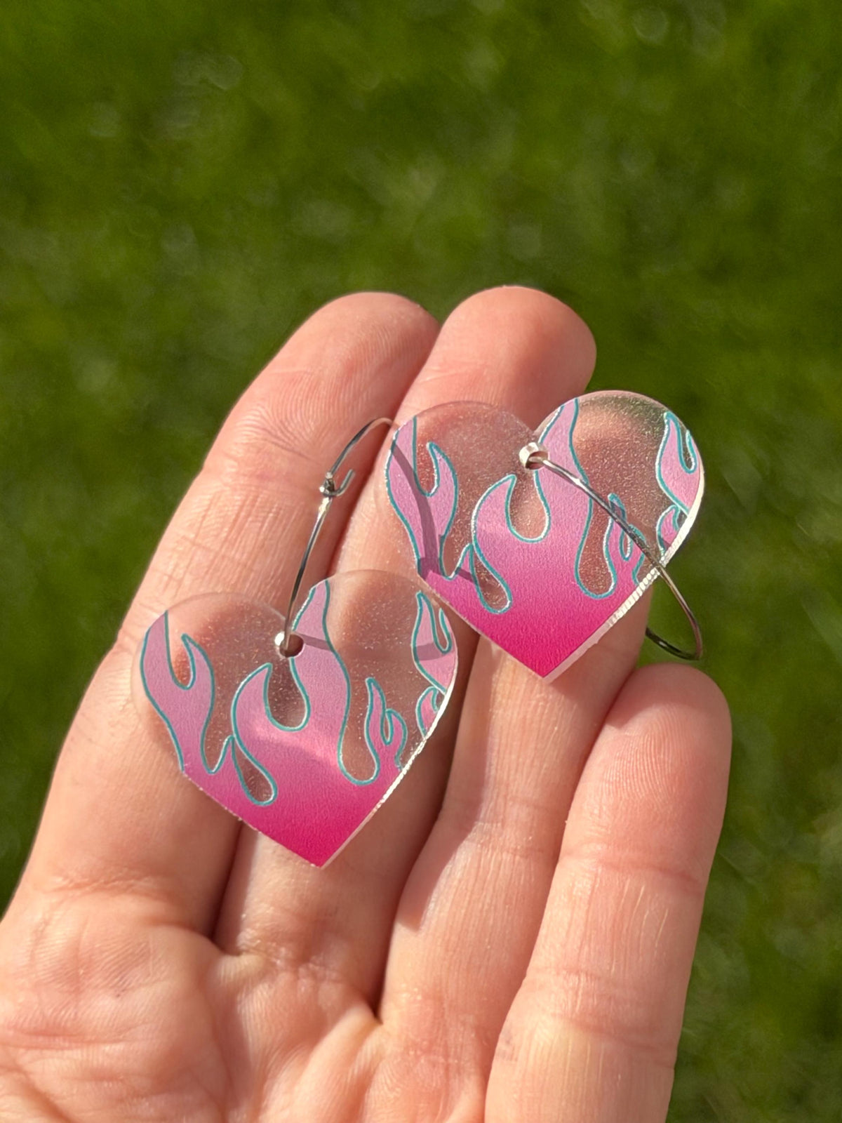 Pink/Blue Gradient Flame Heart Hoop Earrings