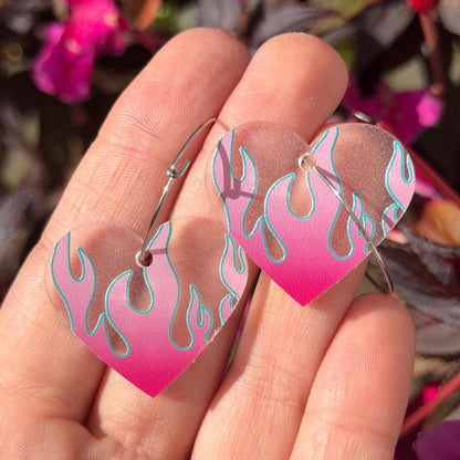Pink/Blue Gradient Flame Heart Hoop Earrings