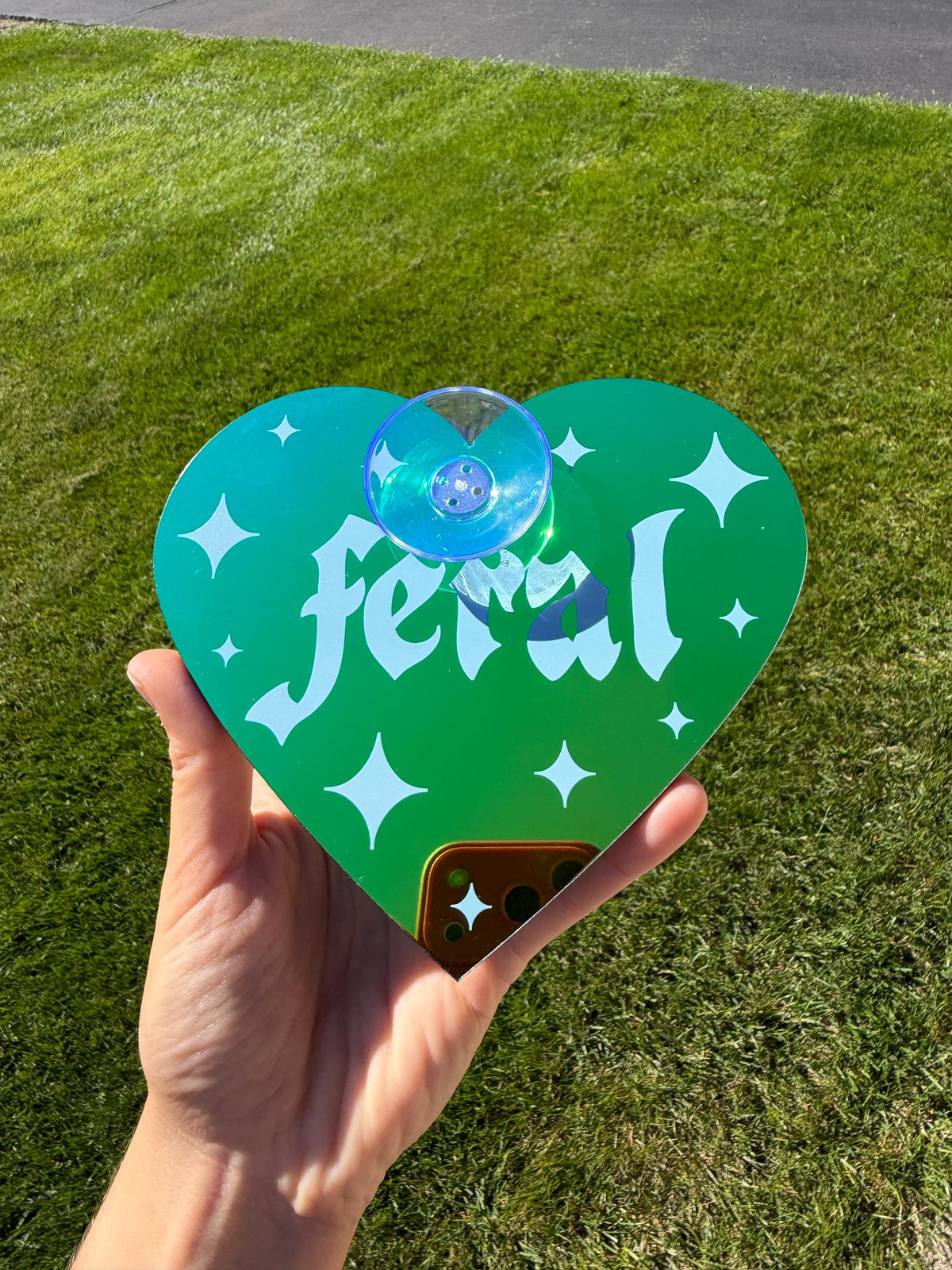 Acrylic Car Sign: Goth Feral – Heart Shape Dark Iridescent Green Colorshift
