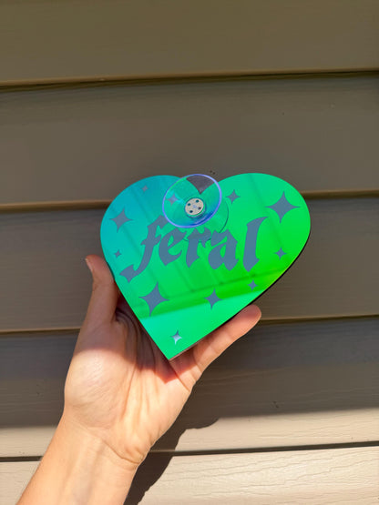 Acrylic Car Sign: Goth Feral – Heart Shape Dark Iridescent Green Colorshift