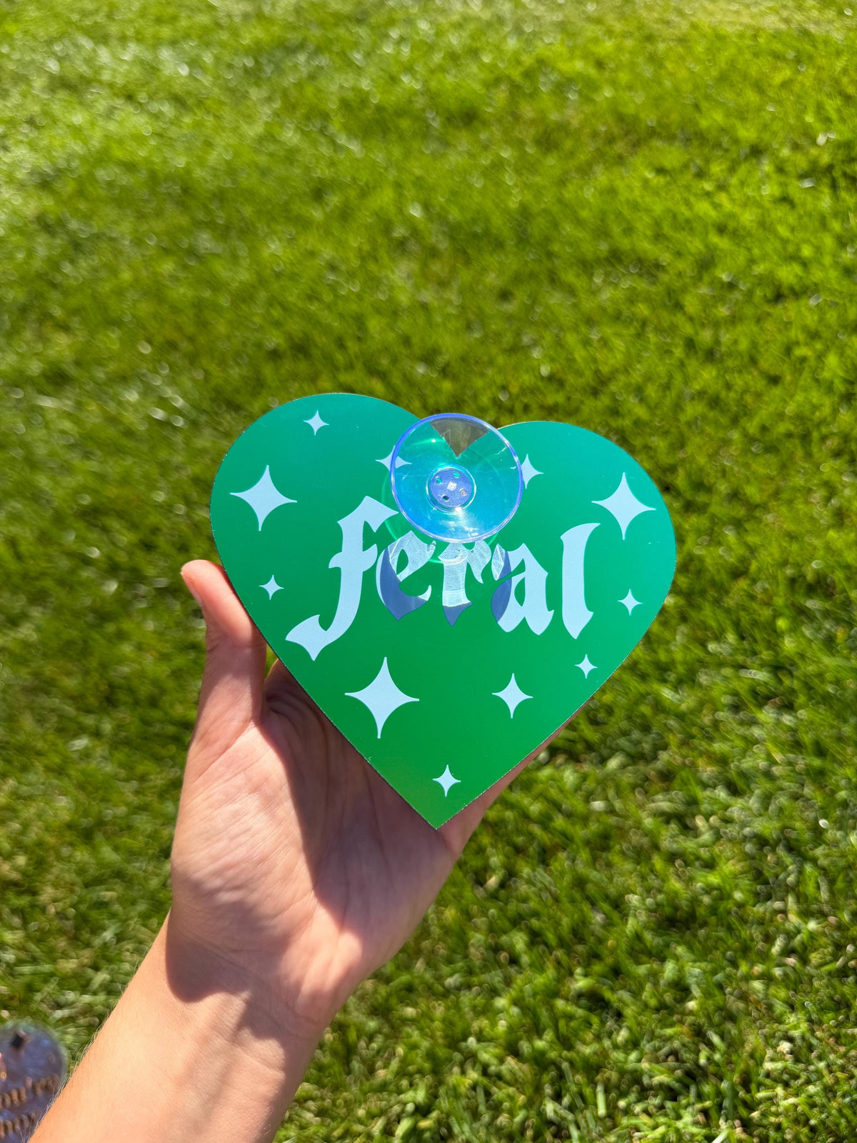 Acrylic Car Sign: Goth Feral – Heart Shape Dark Iridescent Green Colorshift