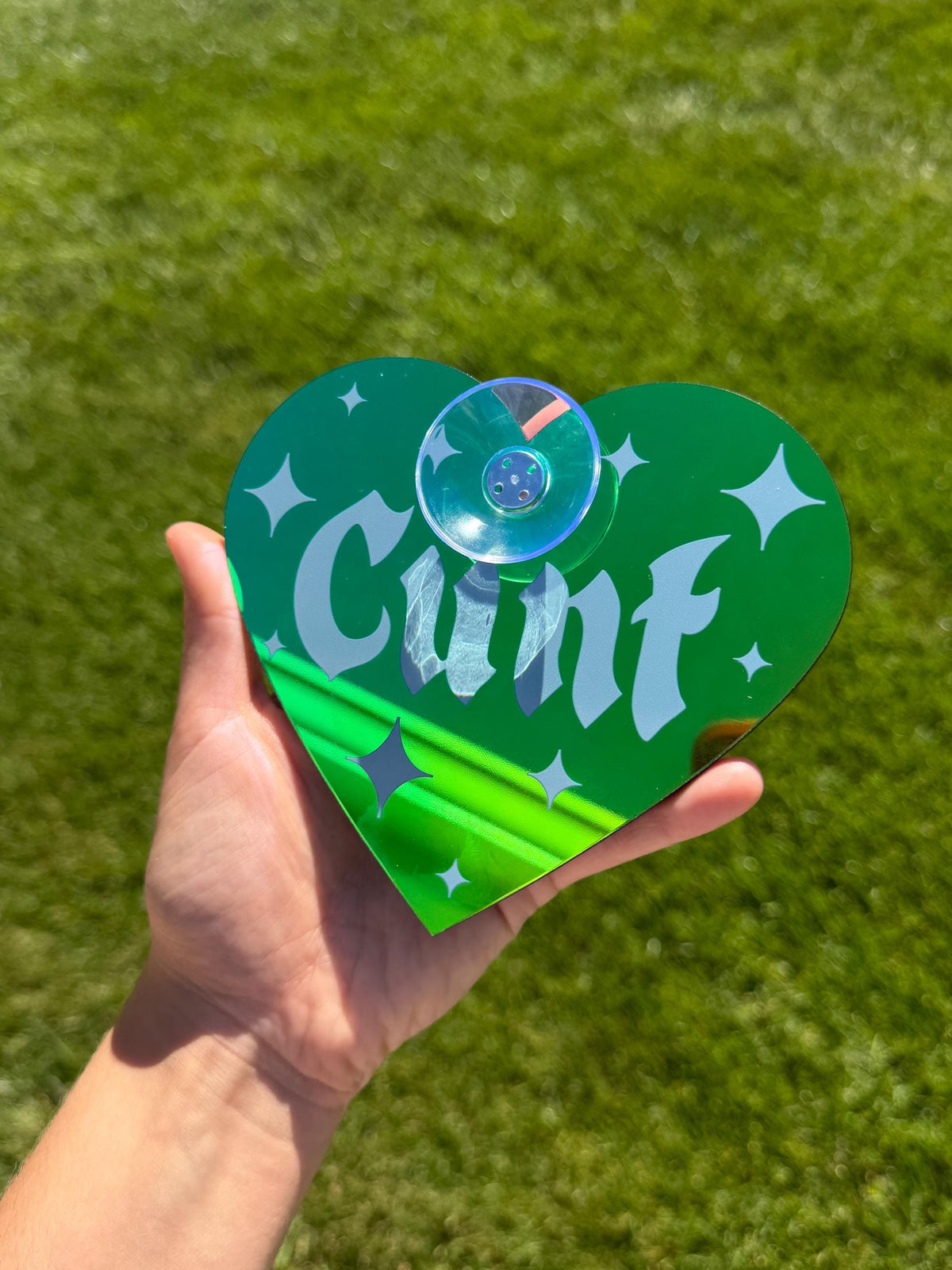 Acrylic Car Sign: Goth C*nt – Heart Shape Dark Iridescent Green Colorshift