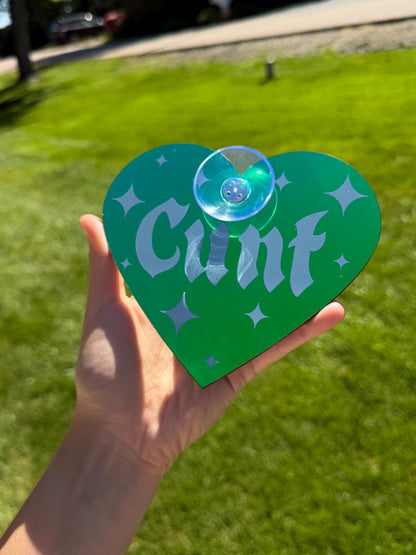 Acrylic Car Sign: Goth C*nt – Heart Shape Dark Iridescent Green Colorshift