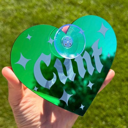 Acrylic Car Sign: Goth C*nt – Heart Shape Dark Iridescent Green Colorshift